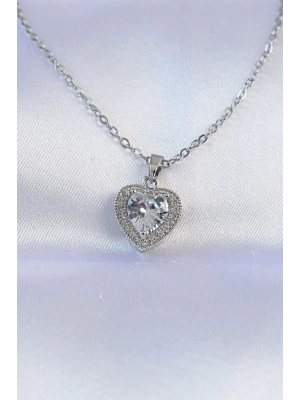 ® 316L Çelik Zincir Gümüş Renk Zirkon Taşlı Charm Kalp Kolye