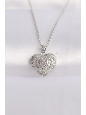® 316L Çelik Zincir Gümüş Renk Zirkon Taşlı Kalp Kolye