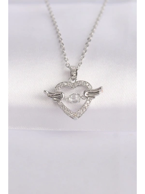 ® 316L Çelik Zincir Gümüş Renk Zirkon Taşlı Kanatlı Kalp Kolye