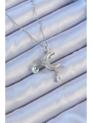 ® 316L Çelik Zincir Gümüş Renk Zirkon Taşlı Kelebekli Mineli Ay Kolye