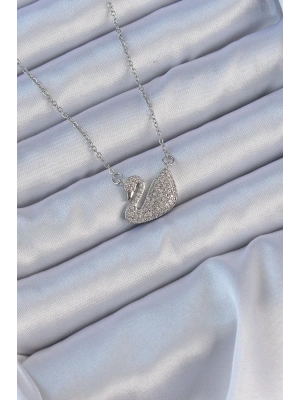 ® 316L Çelik Zincir Gümüş Renk Zirkon Taşlı Kuğu Kolye