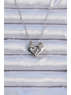 ® 316L Çelik Zincir Gümüş Renk Zirkon Taşlı Mıknatıslı Kalp Kolye