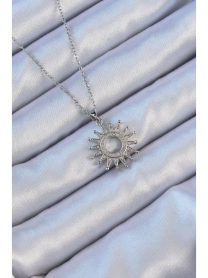 ® 316L Çelik Zincir Gümüş Renk Zirkon Taşlı Parlayan Güneş Kolye