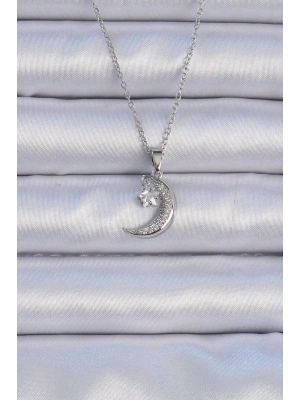 ® 316L Çelik Zincir Gümüş Renk Zirkon Taşlı Sallantılı Ay Yıldız Kolye