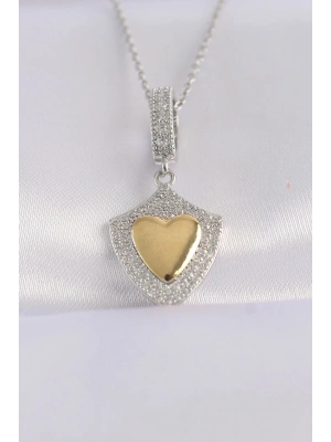 ® 316L Çelik Zincir Gümüş Renk Zirkon Taşlı Tasarım Altın Renk Kalp Kolye