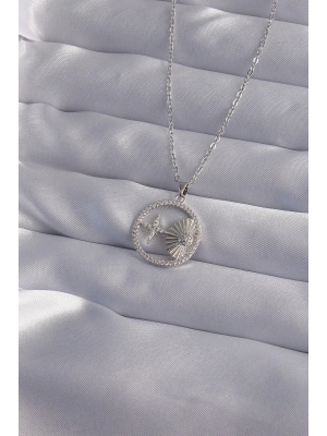 ® 316L Çelik Zincir Gümüş Renk Zirkon Taşlı Yıldız Figürlü Oval Kolye