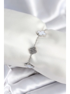 ® 316L Çelik Zincir Gümüş Renk Zirkon Taşlı Yonca Beyaz Kadın Bileklik