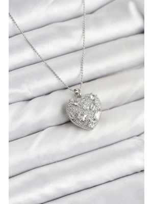 ® 316L Çelik Zincir Gümüş Zirkon Taşlı Kalpli Kadın Kolye