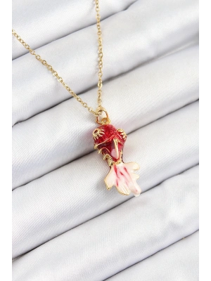 ® 316L Çelik Zincir Kırmızı Balık Model Gold Renk Kadın Kolye