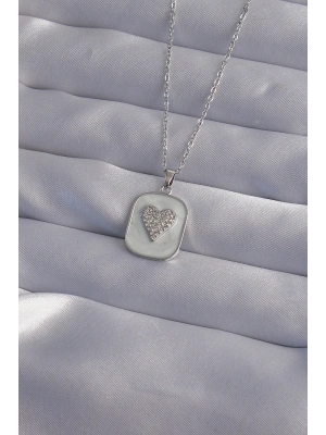 ® 316L Çelik Zincir Mermer Desenli Gümüş Renk Zirkon Taşlı Kalp Model Kolye