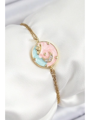 ® 316L Çelik Zincir Mineli Sanatsal Portre Zirkon Taşlı Gezegen Model Gold Renk Kadın Bileklik