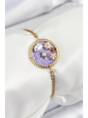 ® 316L Çelik Zincir Mor Mineli Sanatsal Portre İnci Detaylı Çiçek Model Gold Renk Kadın Bileklik