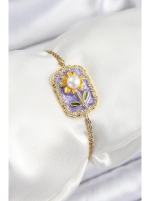 ® 316L Çelik Zincir Mor Mineli Sanatsal Portre İnci Detaylı Papatya Model Gold Renk Kadın Bileklik
