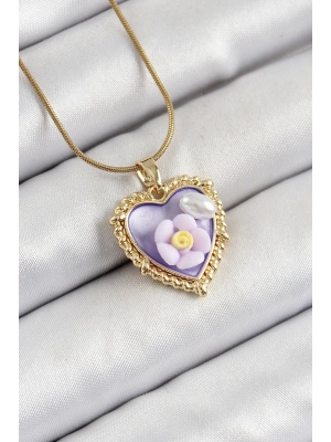 ® 316L Çelik Zincir Mor Sanatsal Portre İnci Detaylı Papatya Figürlü Kalp Model Gold Renk Kadın Kolye