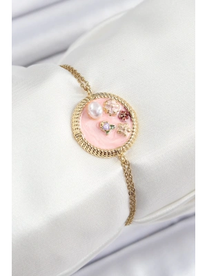 ® 316L Çelik Zincir Pembe Mineli Sanatsal Portre İnci Detaylı Çiçek Model Gold Renk Kadın Bileklik