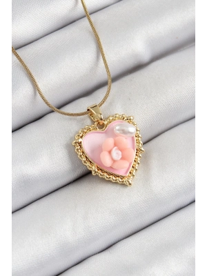 ® 316L Çelik Zincir Pembe Sanatsal Portre İnci Detaylı Papatya Figürlü Kalp Model Gold Renk Kadın Kolye