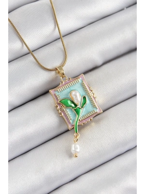 ® 316L Çelik Zincir Turkuaz Sanatsal Portre Sallantılı İnci Detaylı Lale Model Gold Renk Kadın Kolye