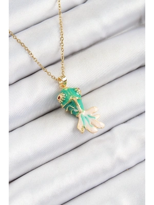 ® 316L Çelik Zincir Yeşil Balık Model Gold Renk Kadın Kolye