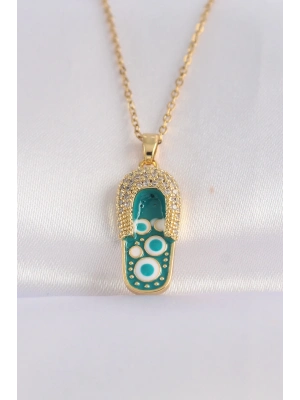 ® 316L Çelik Zincir Zirkon Taşlı Altın Renk Nazarlı Terlik Tasarımlı Kolye