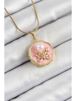 ® 316L Çelik Zincir Zirkon Taşlı Pembe Sanatsal Portre İnci Detaylı Kelebek Model Gold Renk Kadın Kolye