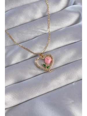 ® 316L Çelik Zincirli Gold Renk Zirkon Taşlı Kalp İçinde Pembe Gül Tasarımlı Kolye