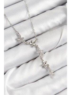 ® 316L Çelik Zirkon Taşlı Çiçek Model Gümüş Renk Kadın Kolye