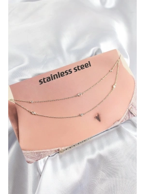 ® 316L Çelik Zirkon Taşlı Damla Model Gold Renk Göbek Bel Zinciri
