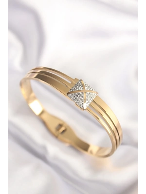 ® 316L Çelik Zirkon Taşlı Gold Renk Kadın Kelepçe Bilezik