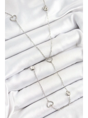 ® 316L Çelik Zirkon Taşlı Kalp Figürlü Y Model Gümüş Renk Kadın Kolye