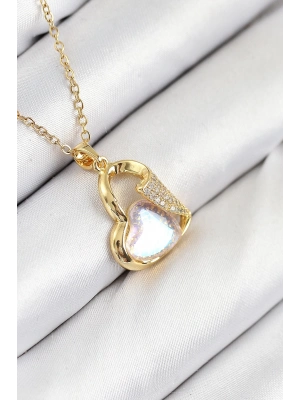 ® 316L Çelik Zirkon Taşlı Kalp Model Gold Renk Kadın Kolye