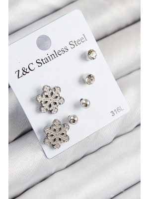 ® 316L Çelik Zirkon Taşlı Kar Tanesi Model Gümüş Renk Kadın Set Küpe