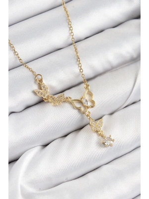 ® 316L Çelik Zirkon Taşlı Kelebek Model Gold Renk Kadın Kolye