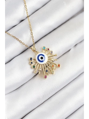 ® 316L Çelik Zirkon Taşlı Nazar Model Gold Renk Kadın Kolye