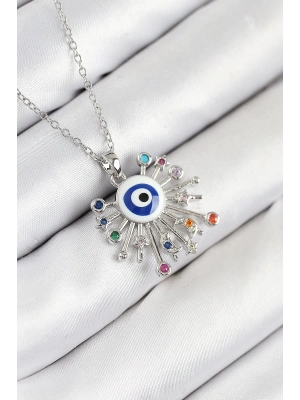 ® 316L Çelik Zirkon Taşlı Nazar Model Gümüş Renk Kadın Kolye