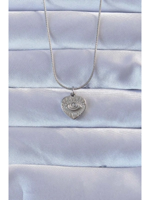 ® 316L Gümüş Renk Zirkon Taşlı İşlemeli Göz Detay Kalp Kolye