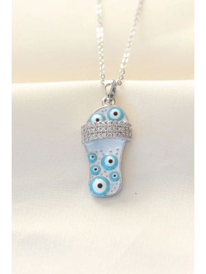 ® 316L Zinciri Çelik Zirkon Taşlı Gümüş Renk Nazar Boncuklu Terlik Kolye