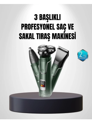 ® 3D Akıllı Kesim Teknolojili Şarjlı Tıraş Seti – 3 Başlıklı, Paslanmaz Çelik Bıçaklı