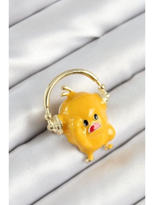 ® 3D Kulaklıklı Sarı Civciv Figürlü Gold Renk Kadın Broş