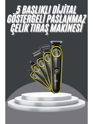 ® 5 Başlıklı Şarjlı Tıraş Makinesi Led Ekran Saç Sakal Ense Tıraşına Uygun Bakım Seti