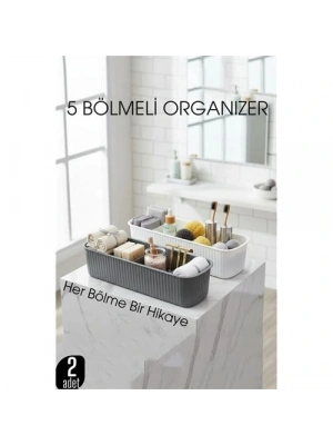 ® 5 Bölmeli Banyo ve Makyaj Organizer Kutusu Gri & Beyaz 2’li Set  Tezgah Üstü Düzenleyici