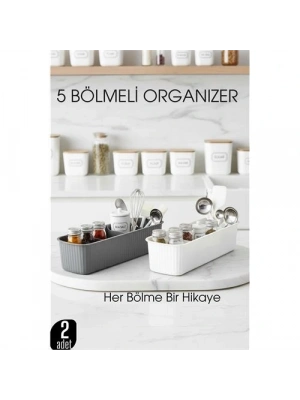 ® 5 Bölmeli Mutfak Organizer Kutusu Gri & Beyaz 2’li Set  Baharat ve Gereç Düzenleyici