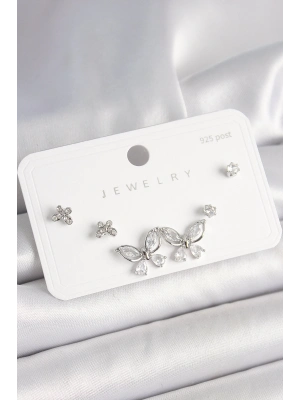 ® 925 Ayar Gümüş Çivi Pirinç Gümüş Renk Zirkon Taşlı Kelebek Model Kadın Küpe Seti