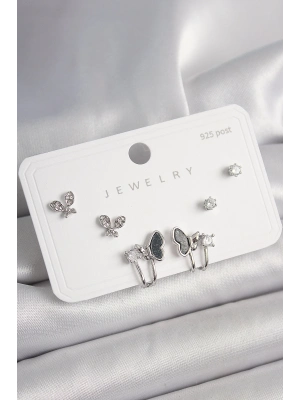 ® 925 Ayar Gümüş Çivi Pirinç Gümüş Renk Zirkon Taşlı Kelebek Model Kadın Küpe Seti