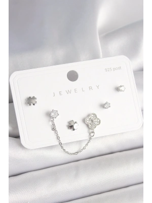 ® 925 Ayar Gümüş Çivi Pirinç Gümüş Renk Zirkon Taşlı Yonca Model Sallantı Zincir Detay Kadın Küpe Seti