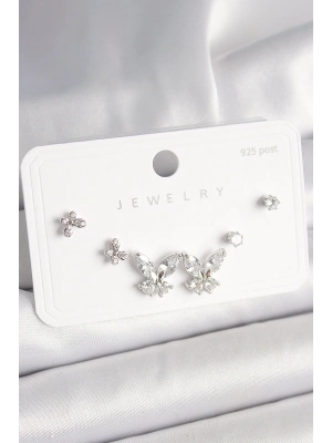 ® 925 Ayar Gümüş Çivi Pirinç Zirkon Taşlı Kelebek Model Kadın Küpe Seti