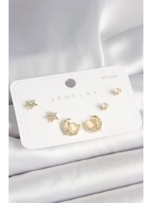 ® 925 Ayar Gümüş Çivi Zirkon Taşlı Hilal Yıldız Model Kadın Küpe Seti