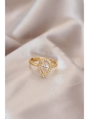 ® Ayarlamalı Gold Renk Metal Zirkon Taşlı Damla Model Yüzük