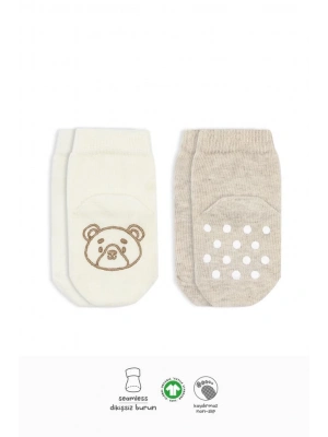 ®   2Li Hayvan Figürlü Kaymaz Soket Çorap 10104 Bej Ekru