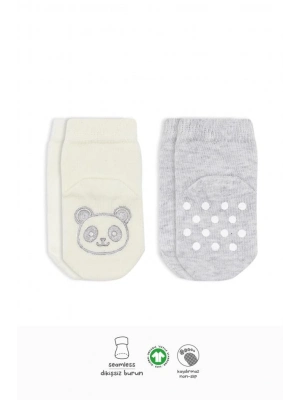 ®   2Li Hayvan Figürlü Kaymaz Soket Çorap 10104 Gri Ekru