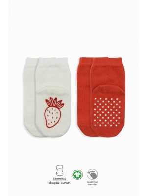 ®   2Li Meyve Figürlü Kaymaz Soket Çorap 10105 Kırmızı Ekru